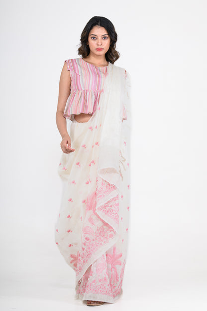 White-Pink Dual Tone Printed Pure Linen Saree