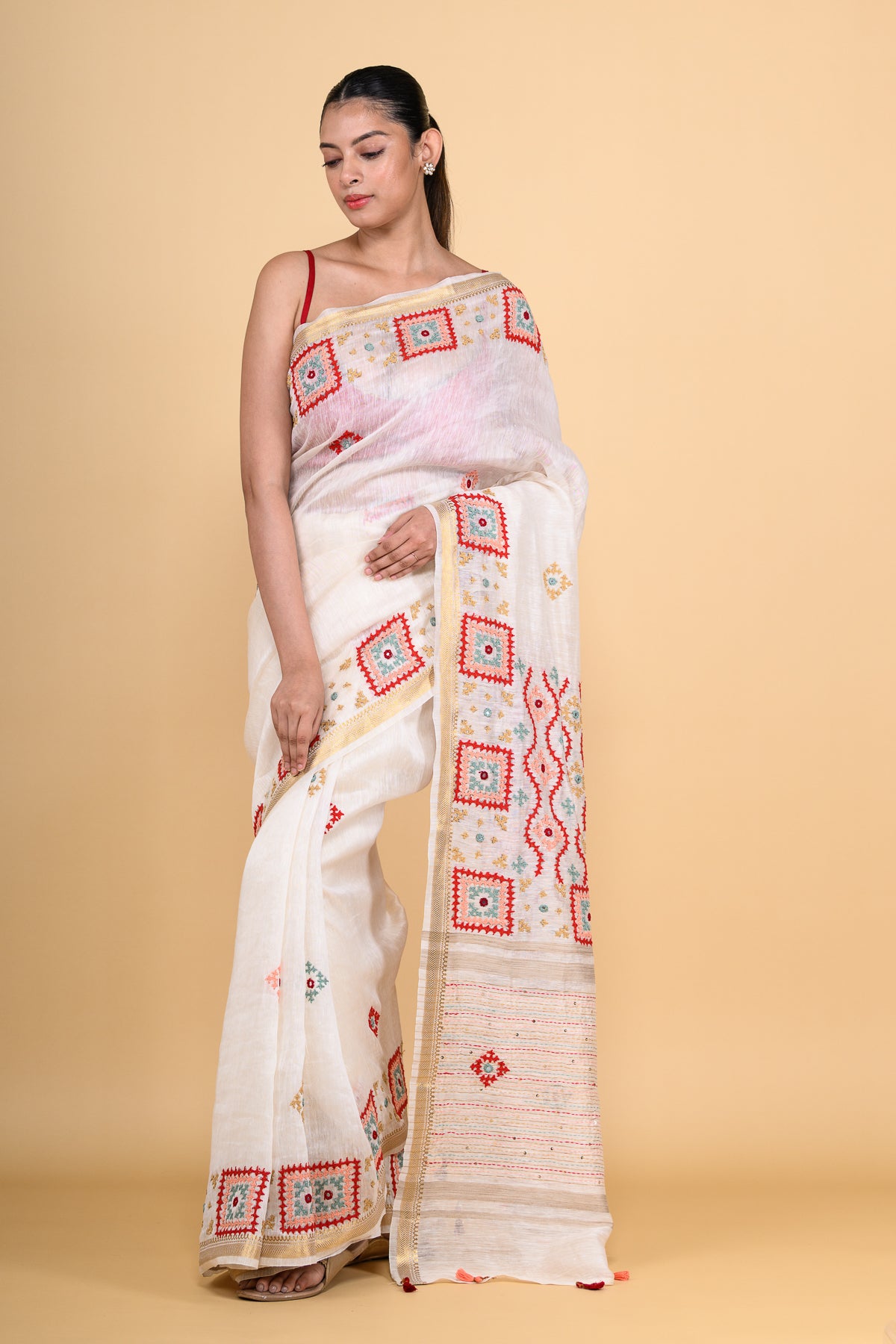 Pure Linen White Saree Highlighted with Tikki & Thread Work