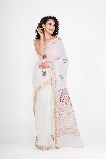 White Embroidered Pure Linen Saree with Tikki & Thread Work