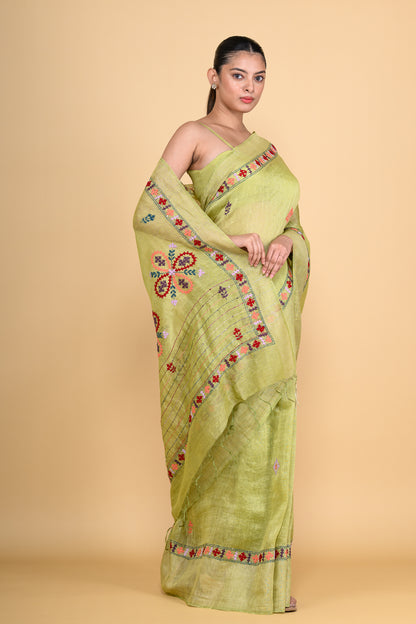 Leaf Green Pure Linen Saree with Thread Work