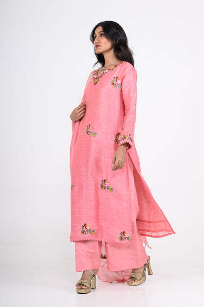 Pink Thread Embroidered Pure Linen Kurta Set & Dupatta