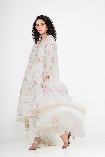 Floral Printed Pure Linen Off White Kurta Set with 3D Embroidery