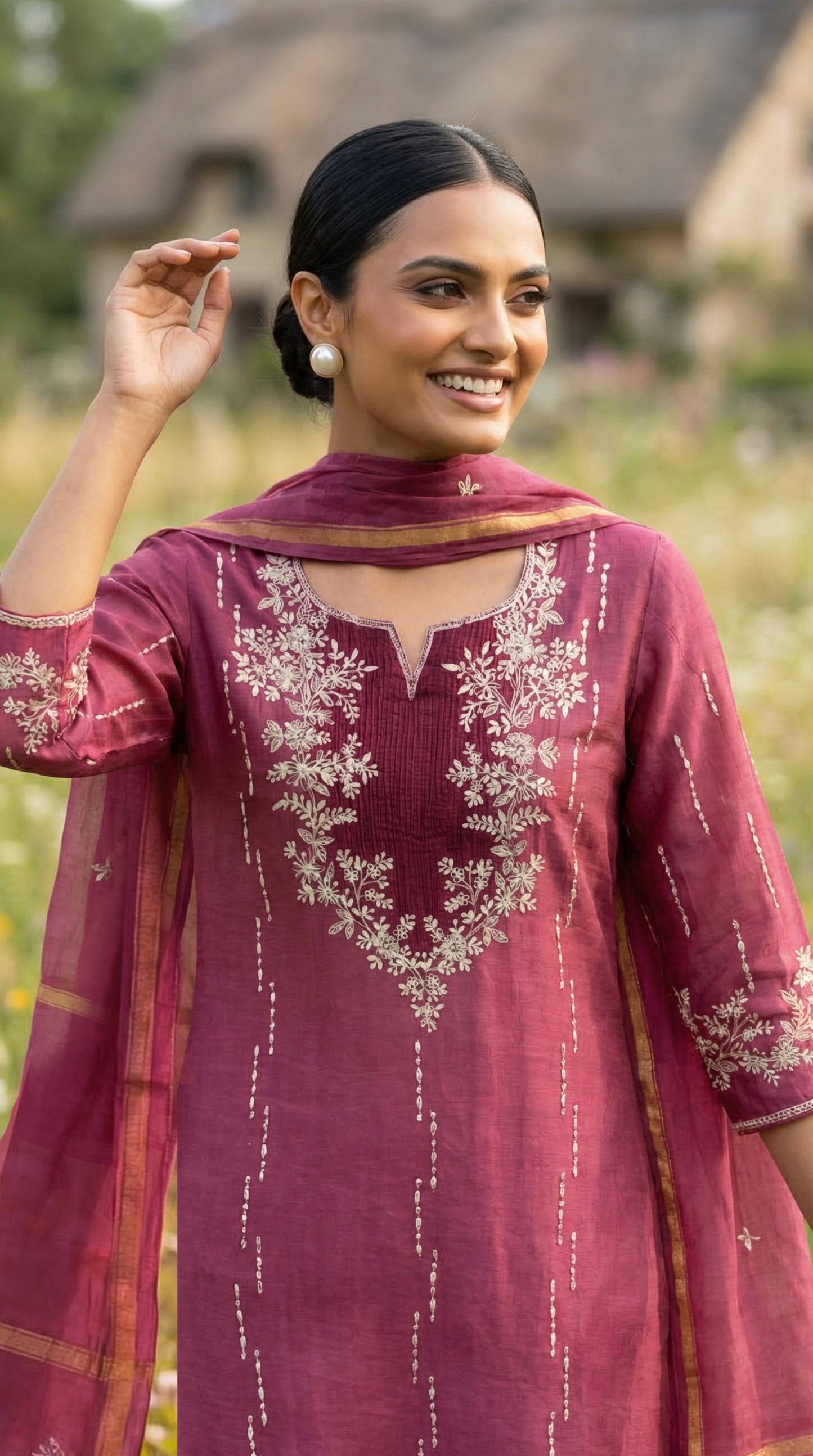 Plum Resham Embroidery Mul Mul Suit Set