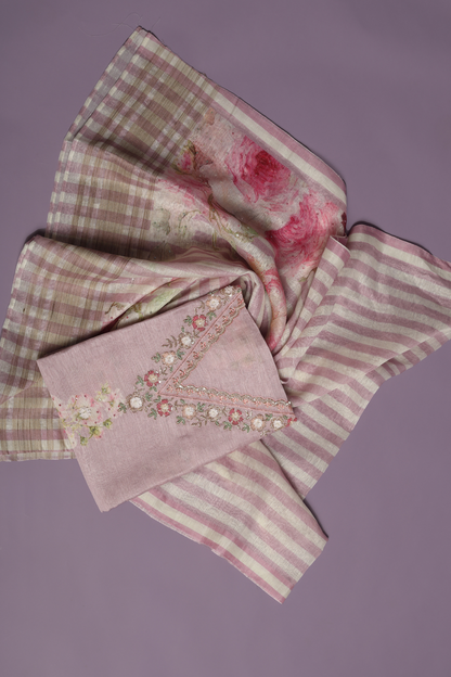 Lavender Purple Floral Printed Linen Kurta Set with Sequins & Intricate Hand Work