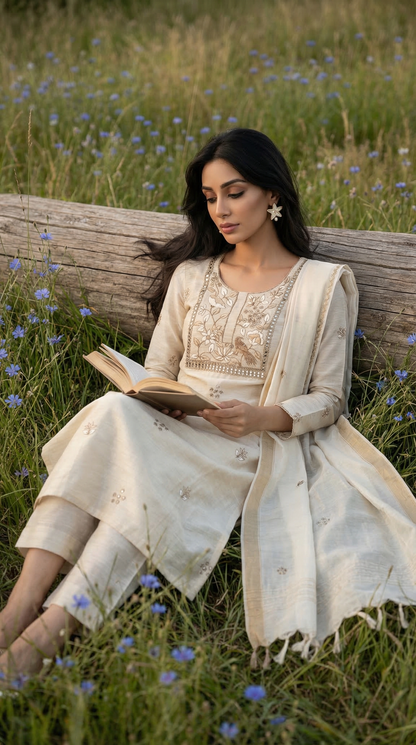 Off-White Resham Embroidery Linen Suit Set
