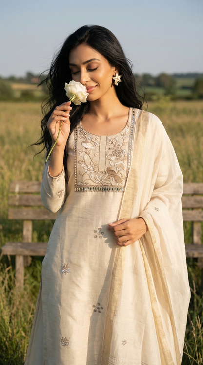Off-White Resham Embroidery Linen Suit Set