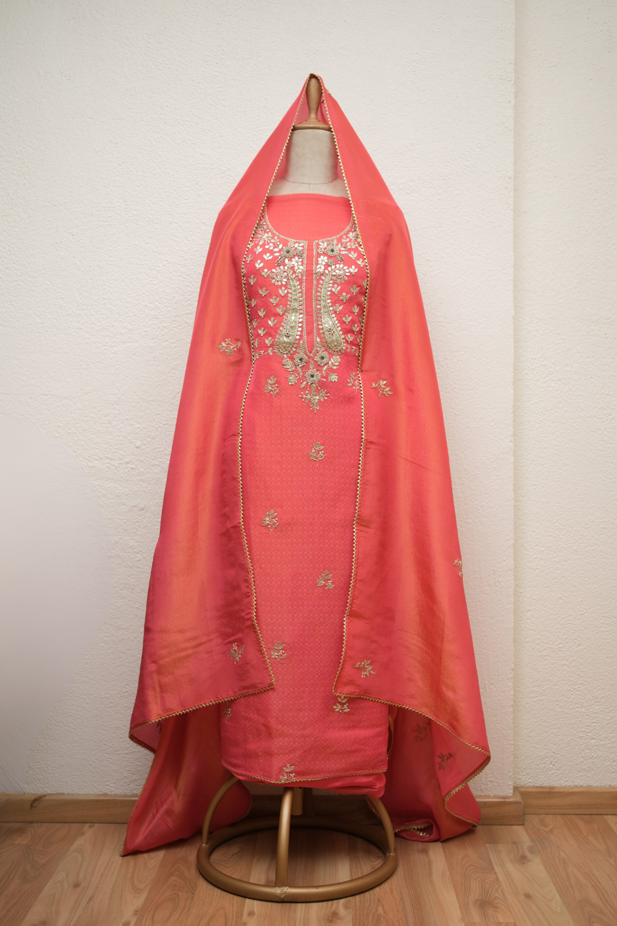 PEACHISH ORANGE JAQUARD TISSUE KURTA