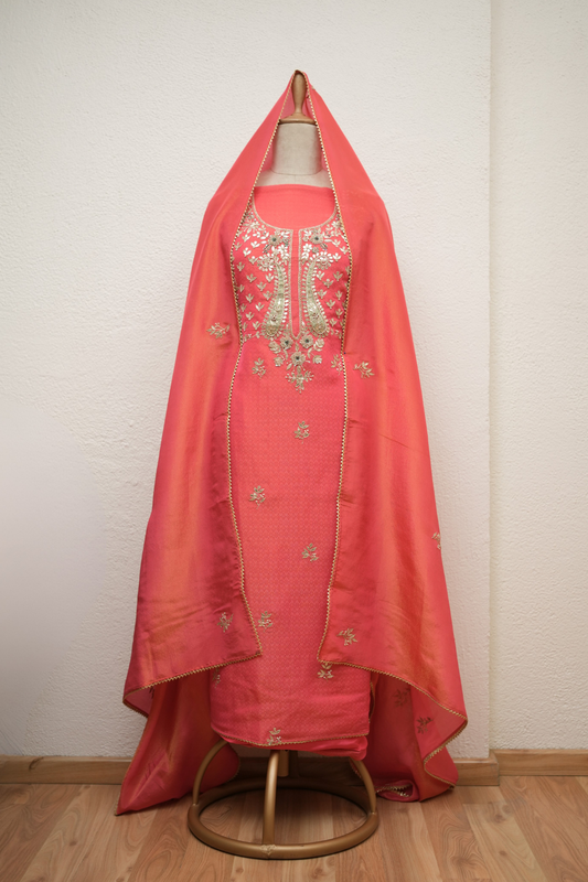 PEACHISH ORANGE JAQUARD TISSUE KURTA