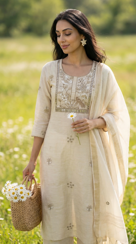 Off-White Resham Embroidery Linen Suit Set