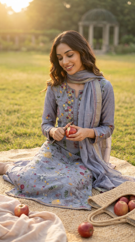 Lavender Grey Resham Embroidery Linen Suit Set