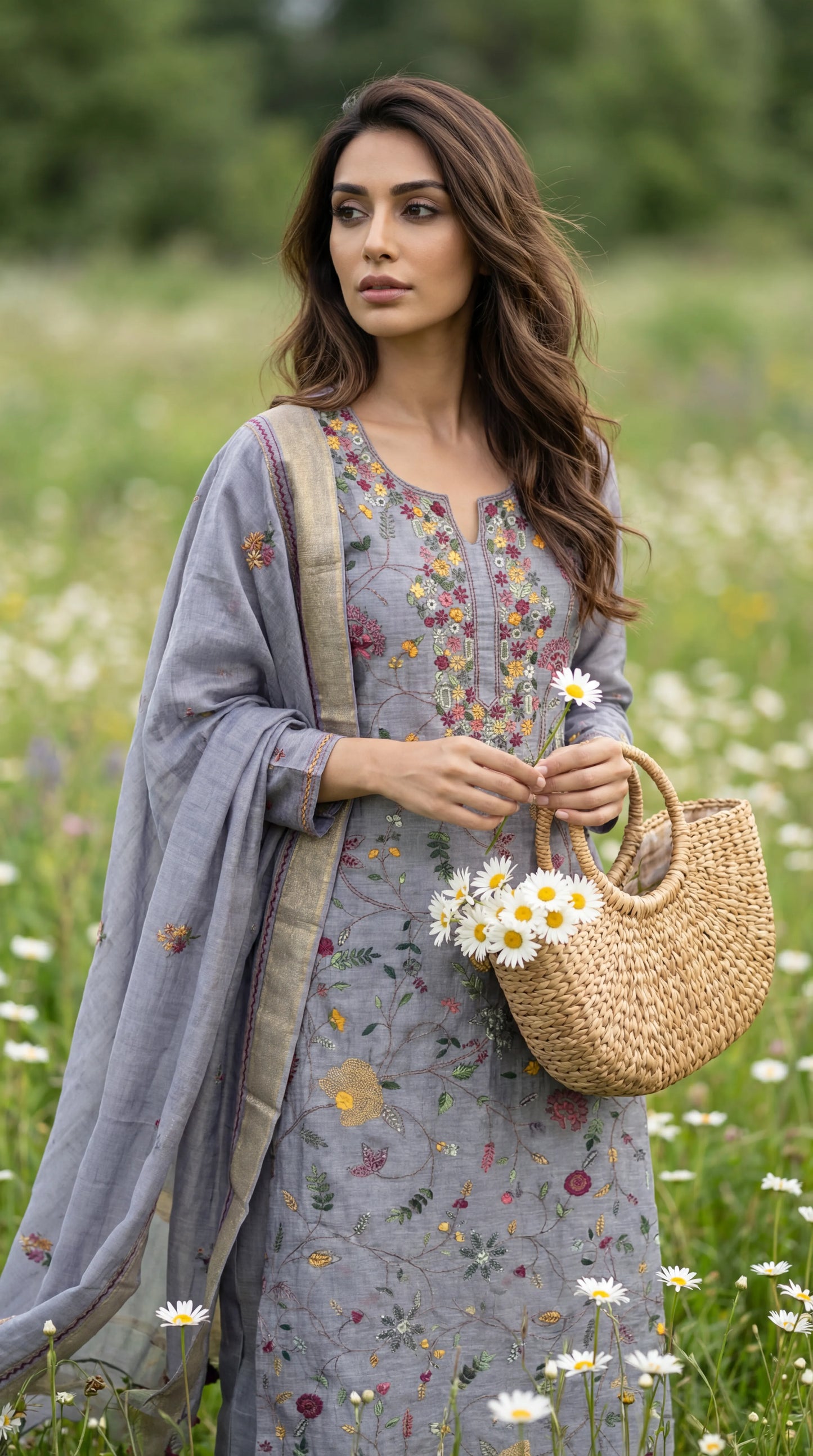 Lavender Grey Resham Embroidery Linen Suit Set