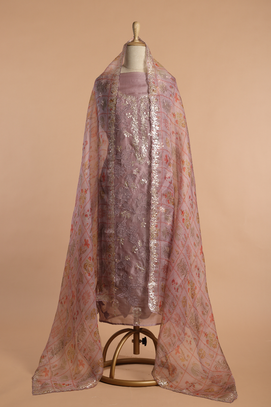 Lavender Purple Organza Kurta Set with Applique & Zari Pitta Work