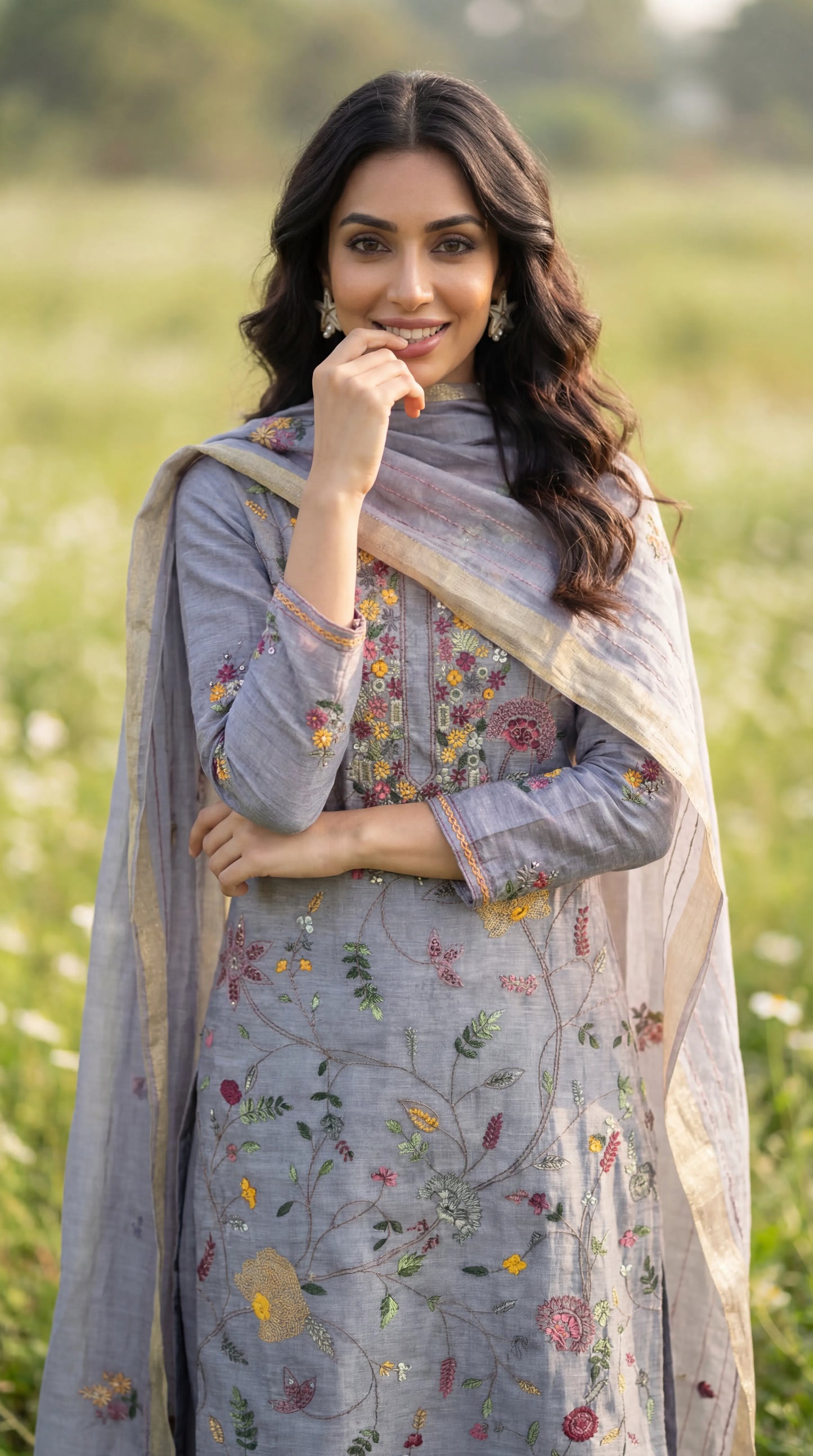 Lavender Grey Resham Embroidery Linen Suit Set