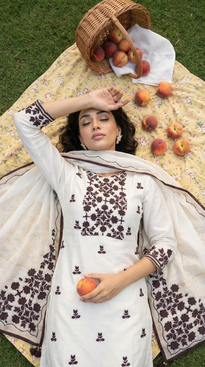 Pearl White & Brown Mul Kurta Set with Hand Applique