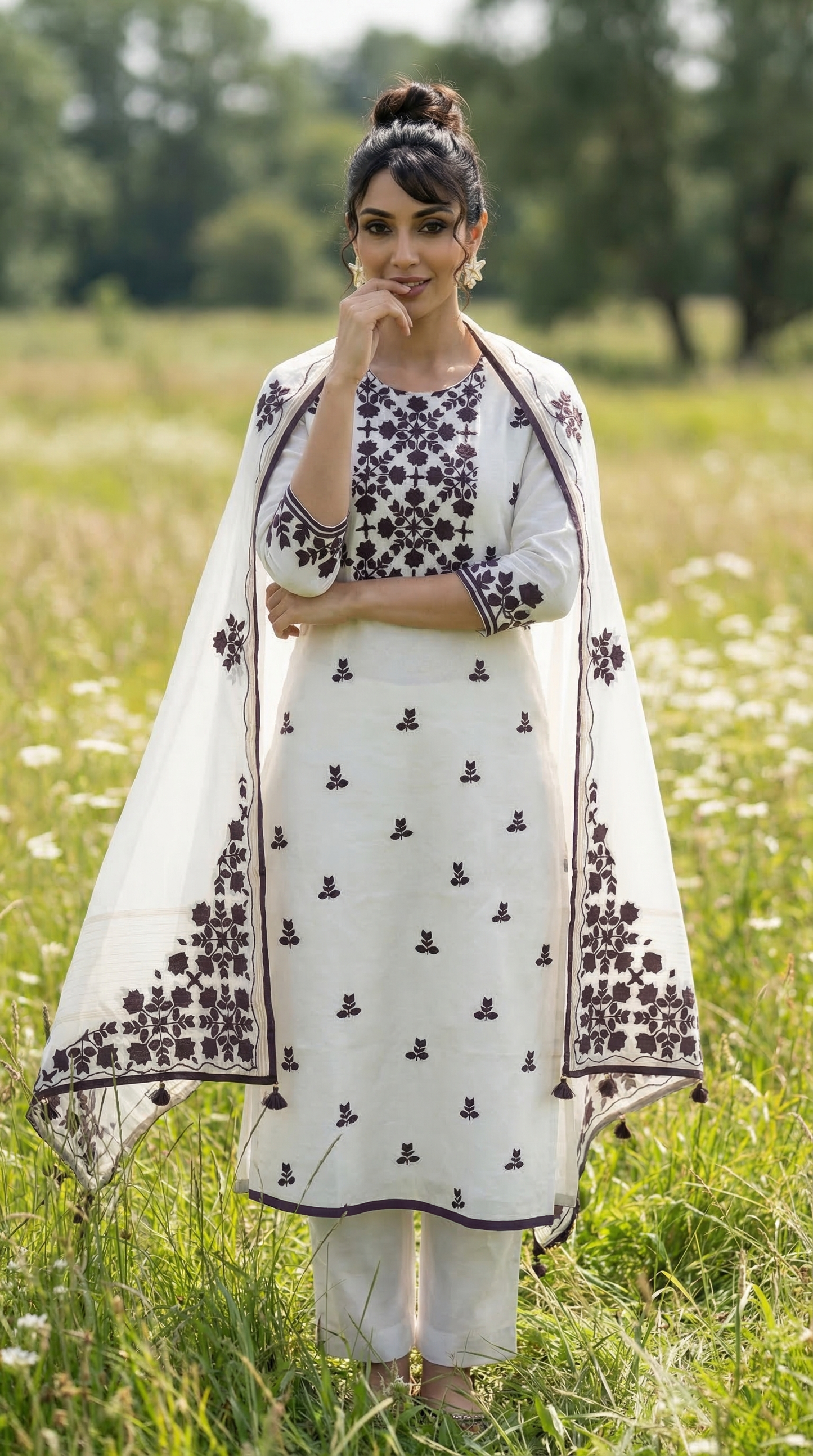 Pearl White & Brown Mul Kurta Set with Hand Applique
