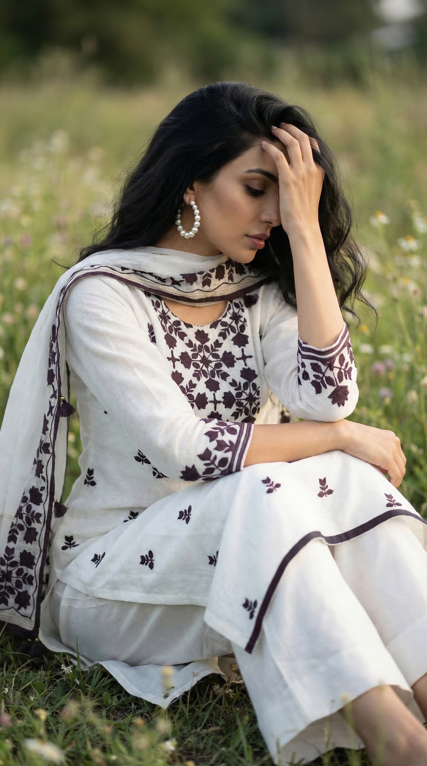 Pearl White & Brown Mul Kurta Set with Hand Applique