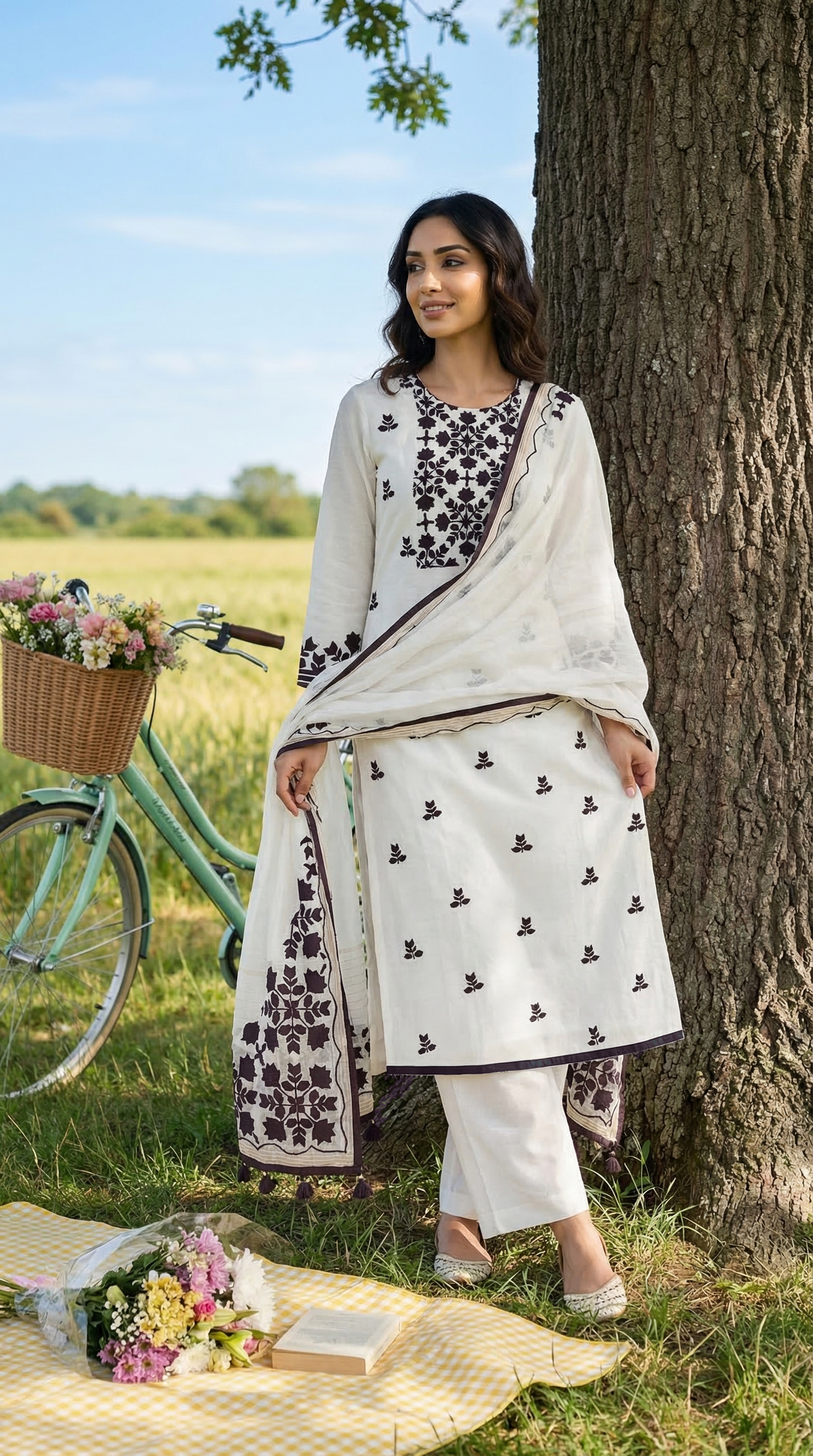 Pearl White & Brown Mul Kurta Set with Hand Applique