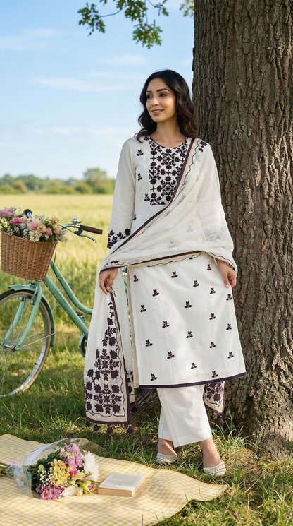 Pearl White & Brown Mul Kurta Set with Hand Applique