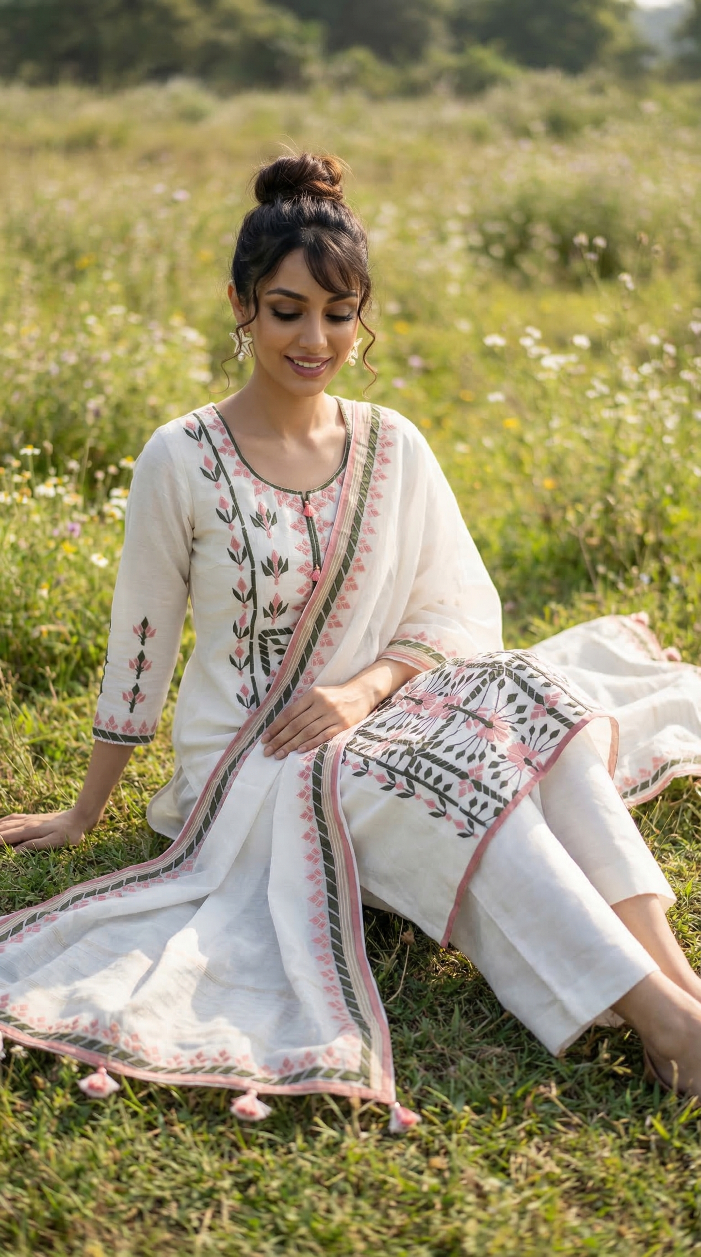 White Mul Kurta Set with Dual Tone Applique Embroidery