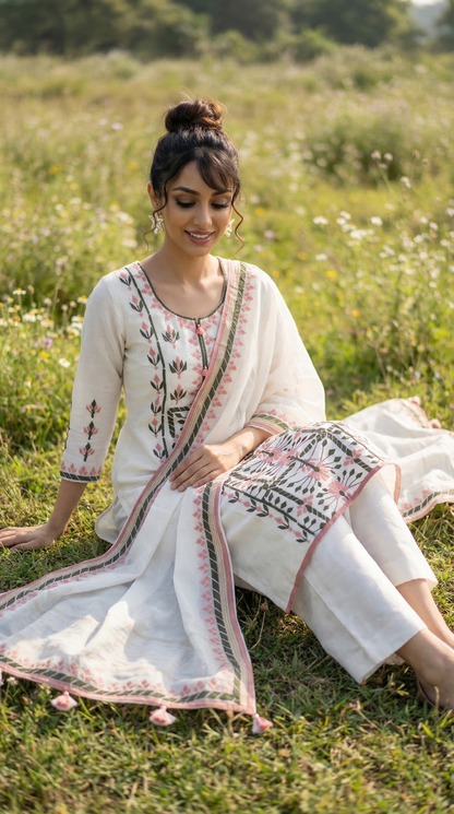 White Mul Kurta Set with Dual Tone Applique Embroidery