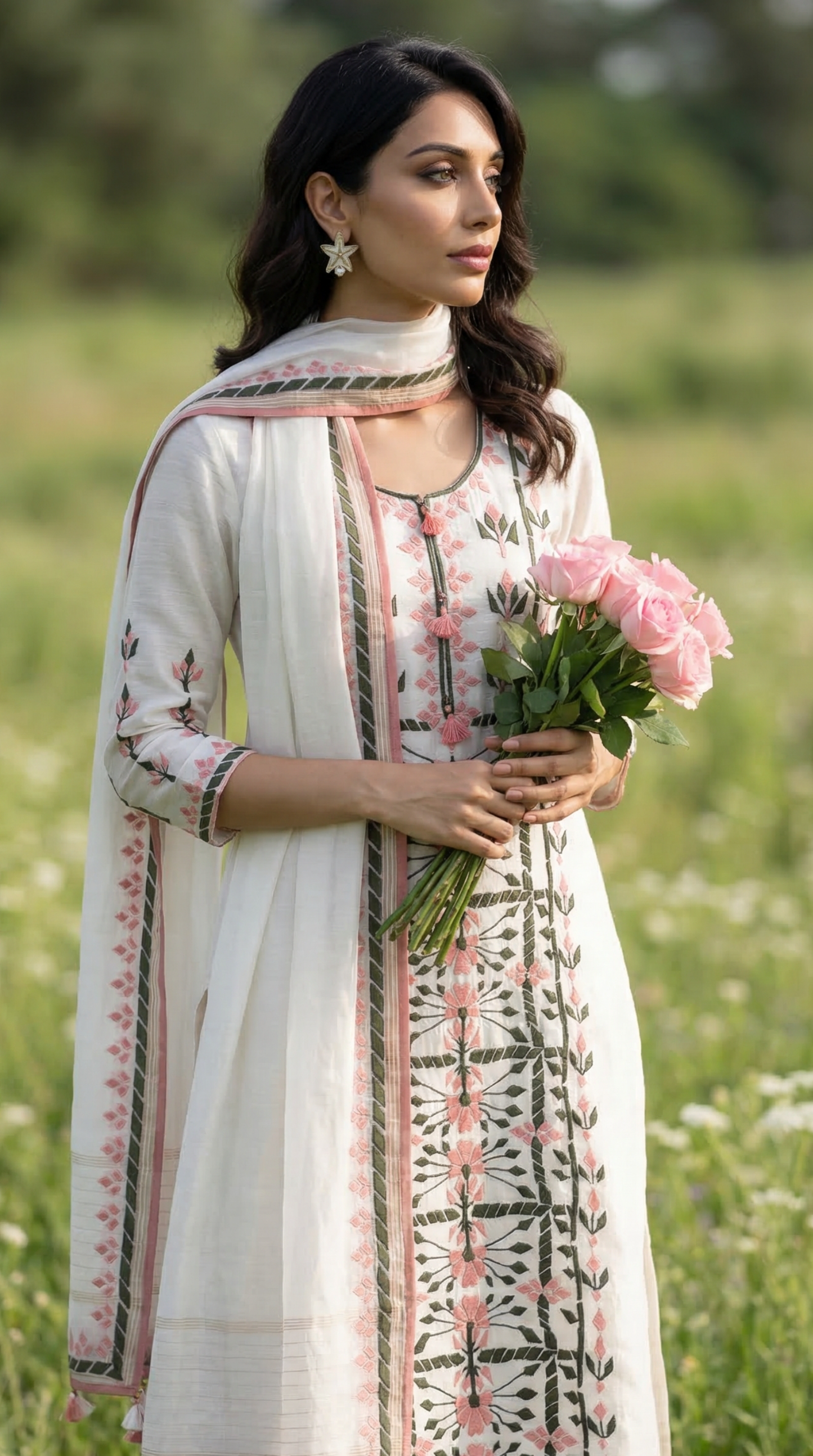 White Mul Kurta Set with Dual Tone Applique Embroidery