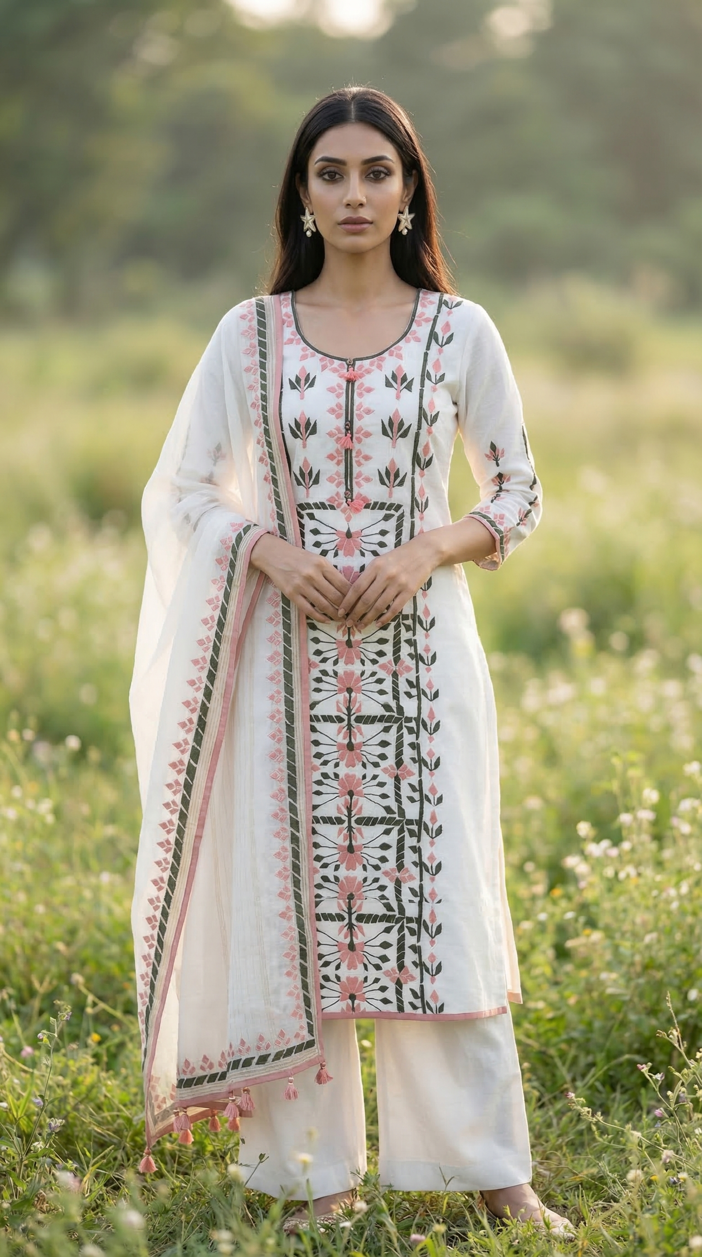 White Mul Kurta Set with Dual Tone Applique Embroidery