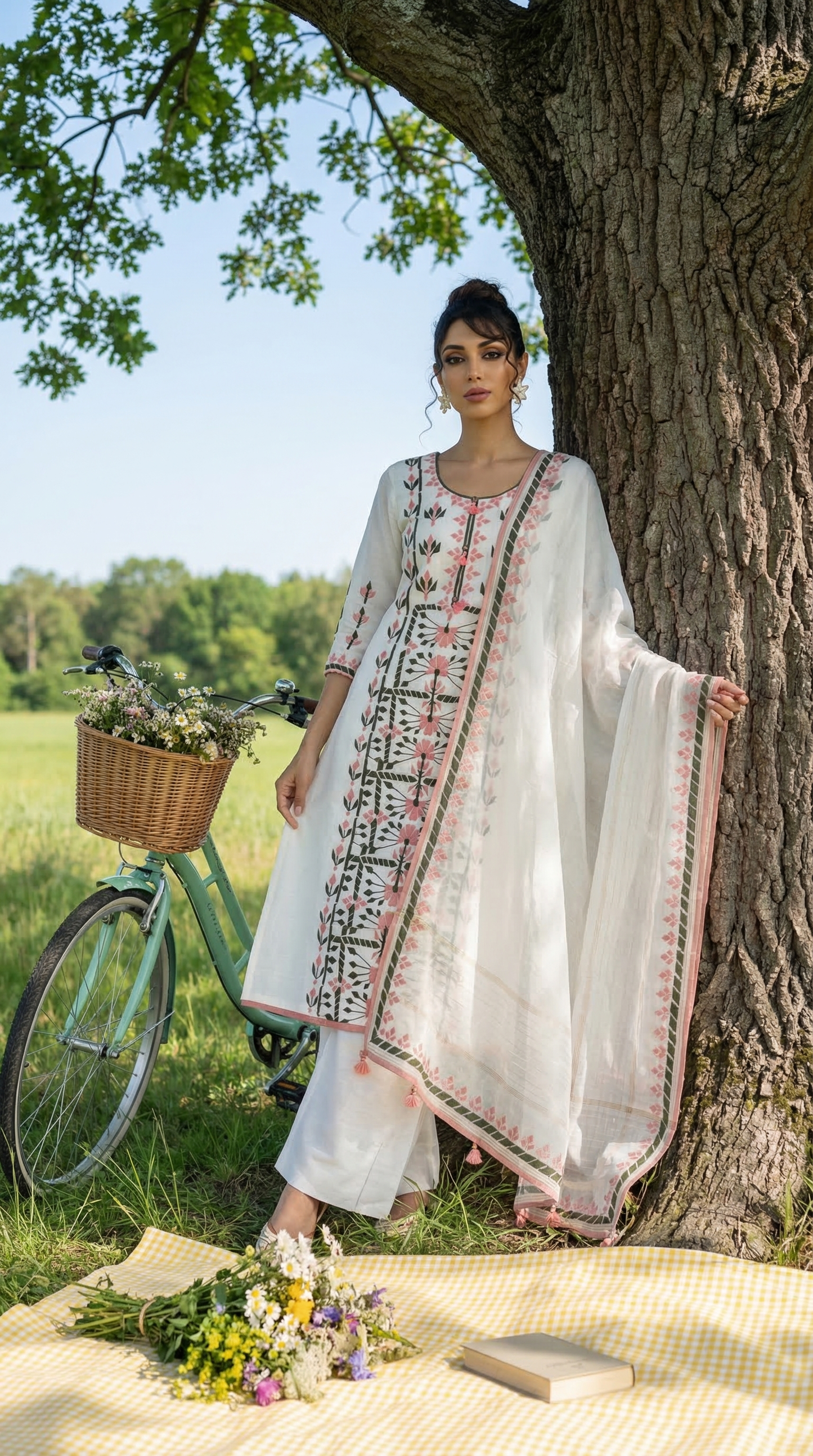 White Mul Kurta Set with Dual Tone Applique Embroidery
