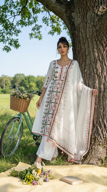 White Mul Kurta Set with Dual Tone Applique Embroidery