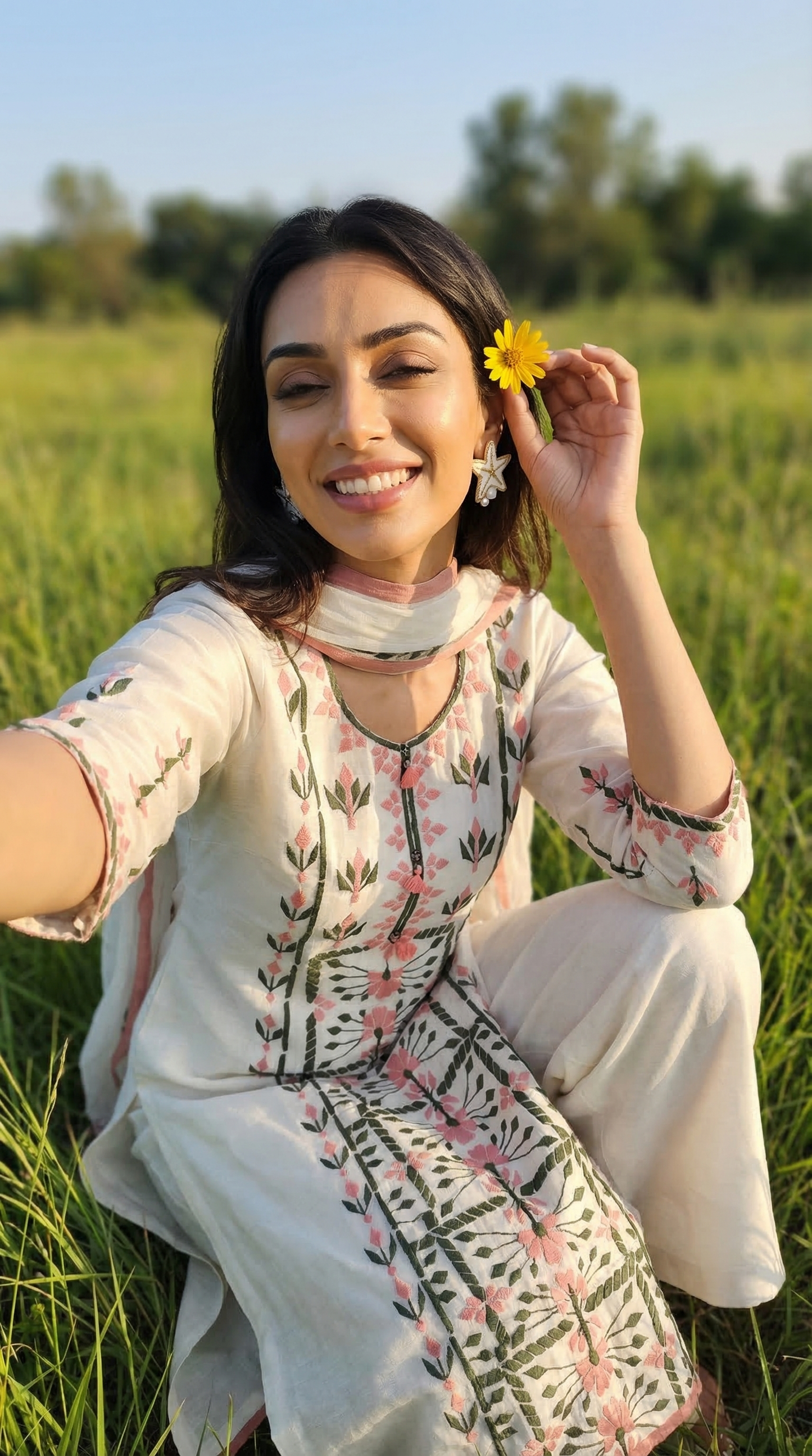 White Mul Kurta Set with Dual Tone Applique Embroidery