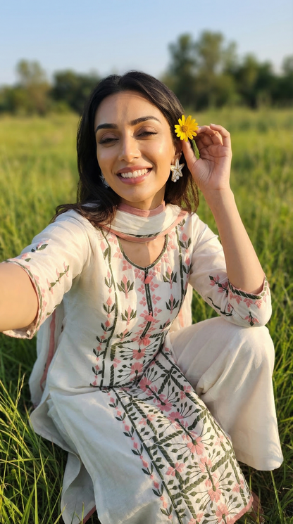 White Mul Kurta Set with Dual Tone Applique Embroidery