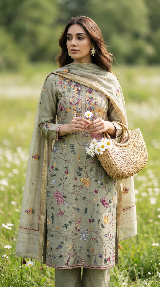 Dusty Green Resham Embroidery Linen Suit Set