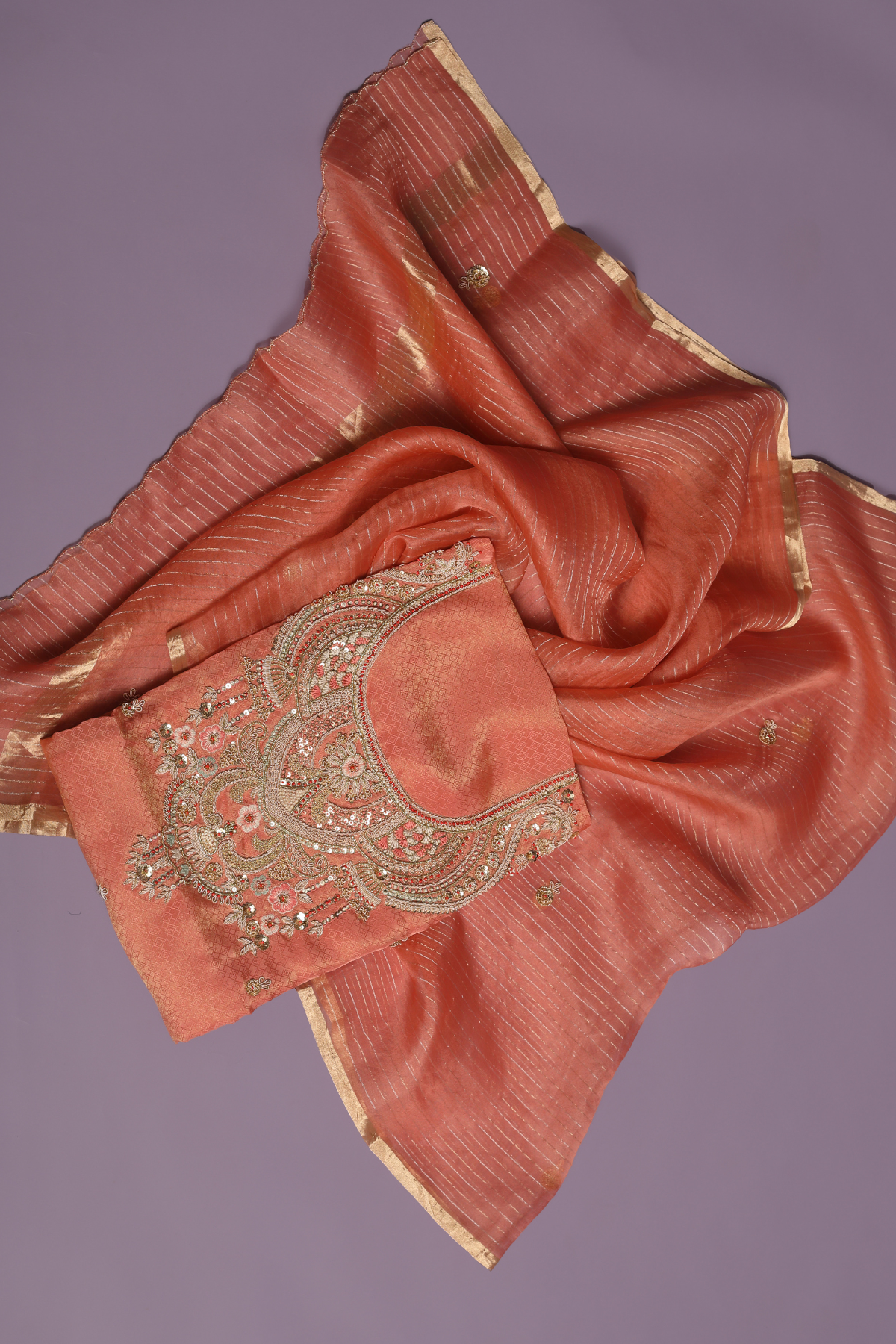Rust Orange Zari Tissue Kurta Set with Textured Zardoshi Embroidery