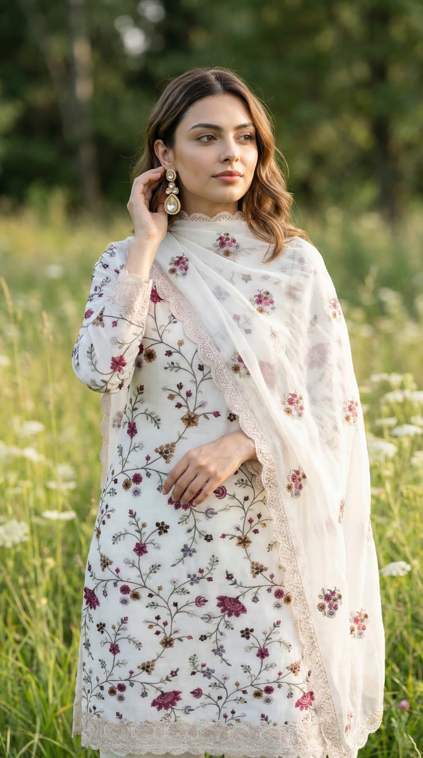 Off White Mul Parsi Embroidered Kurta Set with Pitta Work