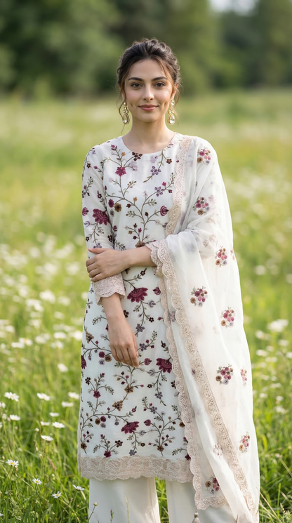 Off White Mul Parsi Embroidered Kurta Set with Pitta Work