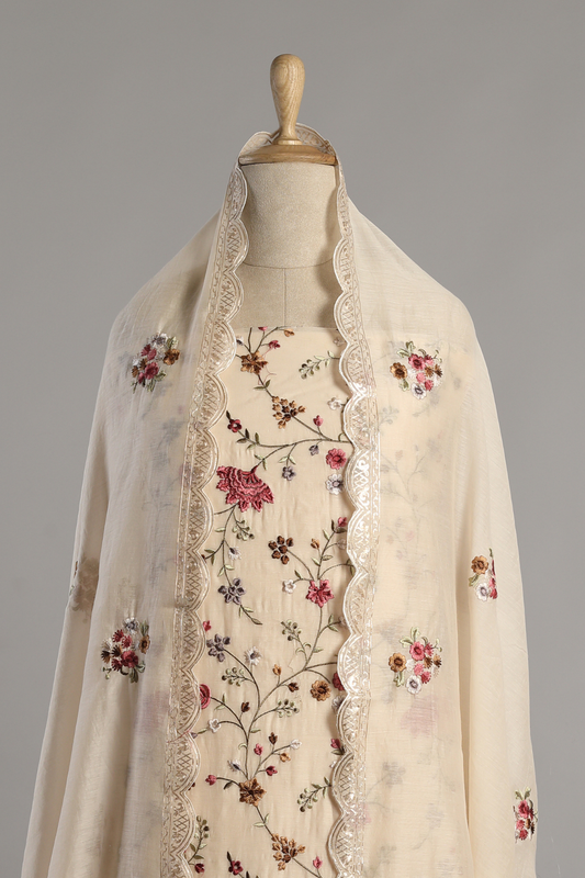 Off White Mul Parsi Embroidered Kurta Set with Pitta Work