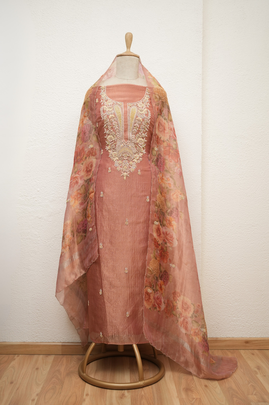 DARK BEIGE CRUSH TISSUE ZARDOZI KURTA