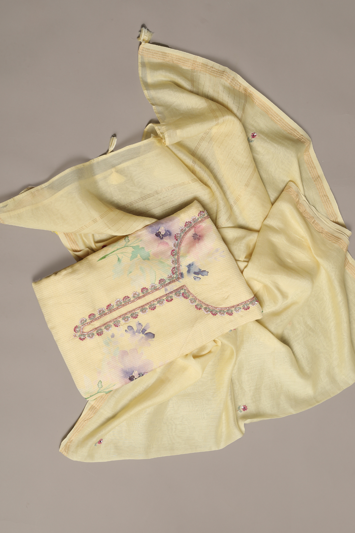 Yellow Zari Mul Printed Kurta Set with Intricate Neckline and Buti