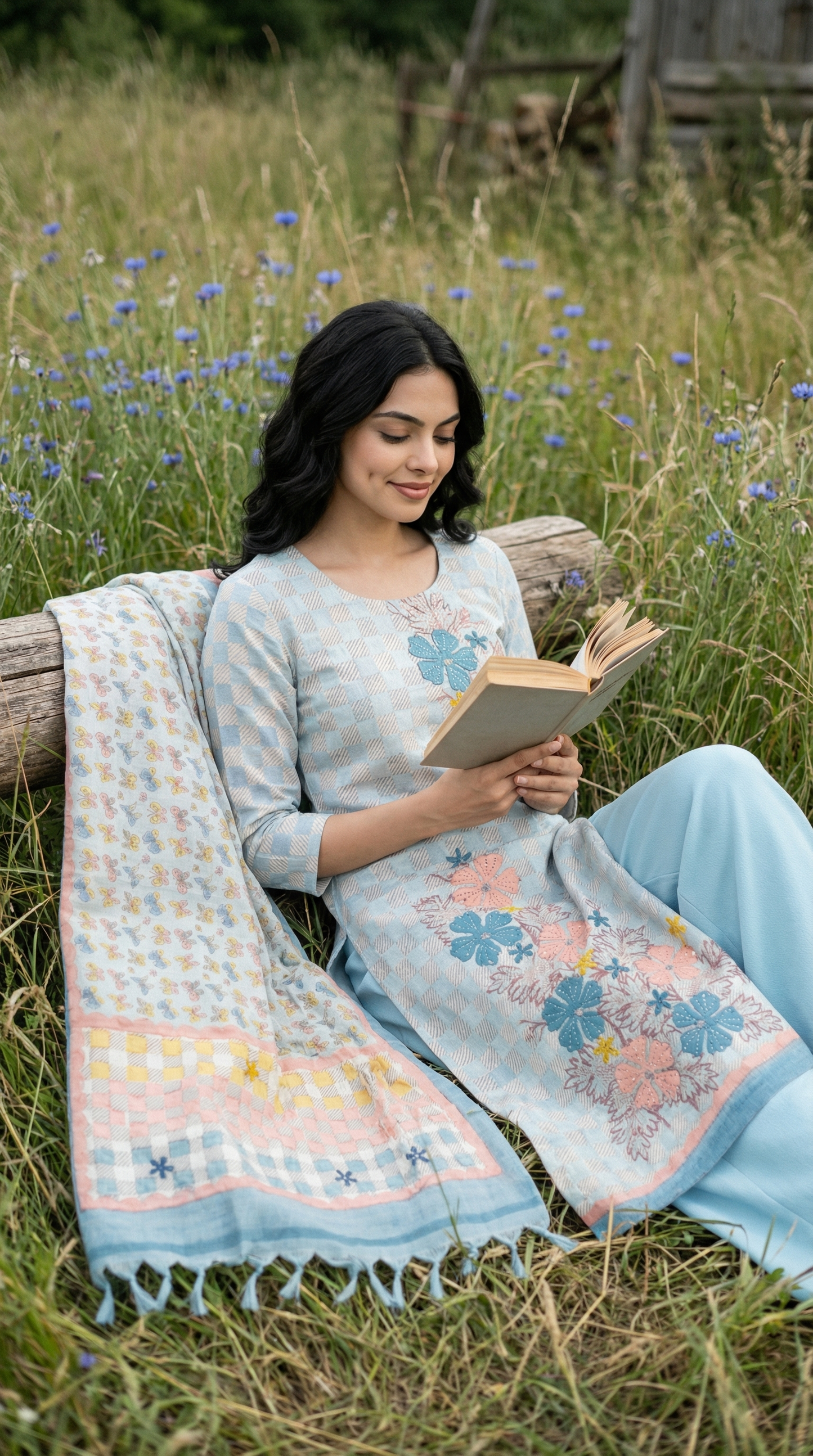 Resham Embroidery Powder Blue Jute Cotton Stitched Suit Set