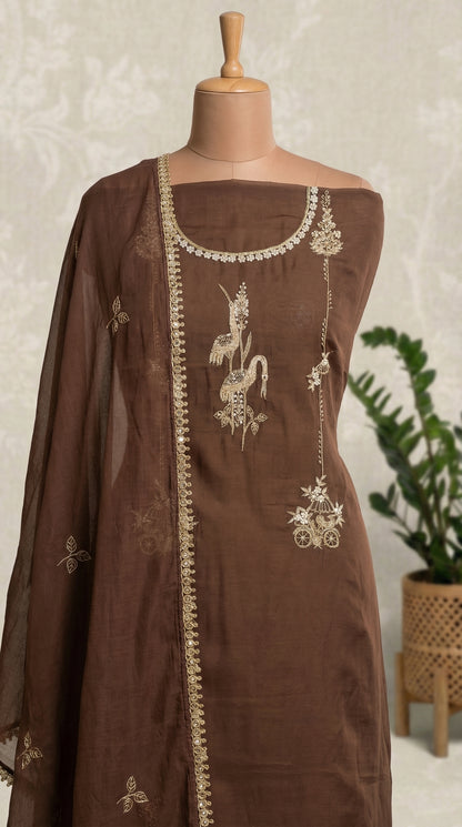 Mocha Brown Resham Embroidery Mul Mul Unstitched Suit Set