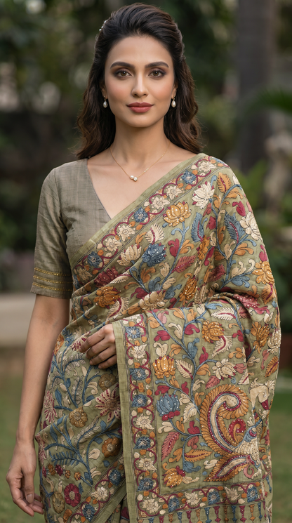 Sage Green Tussar Silk Saree