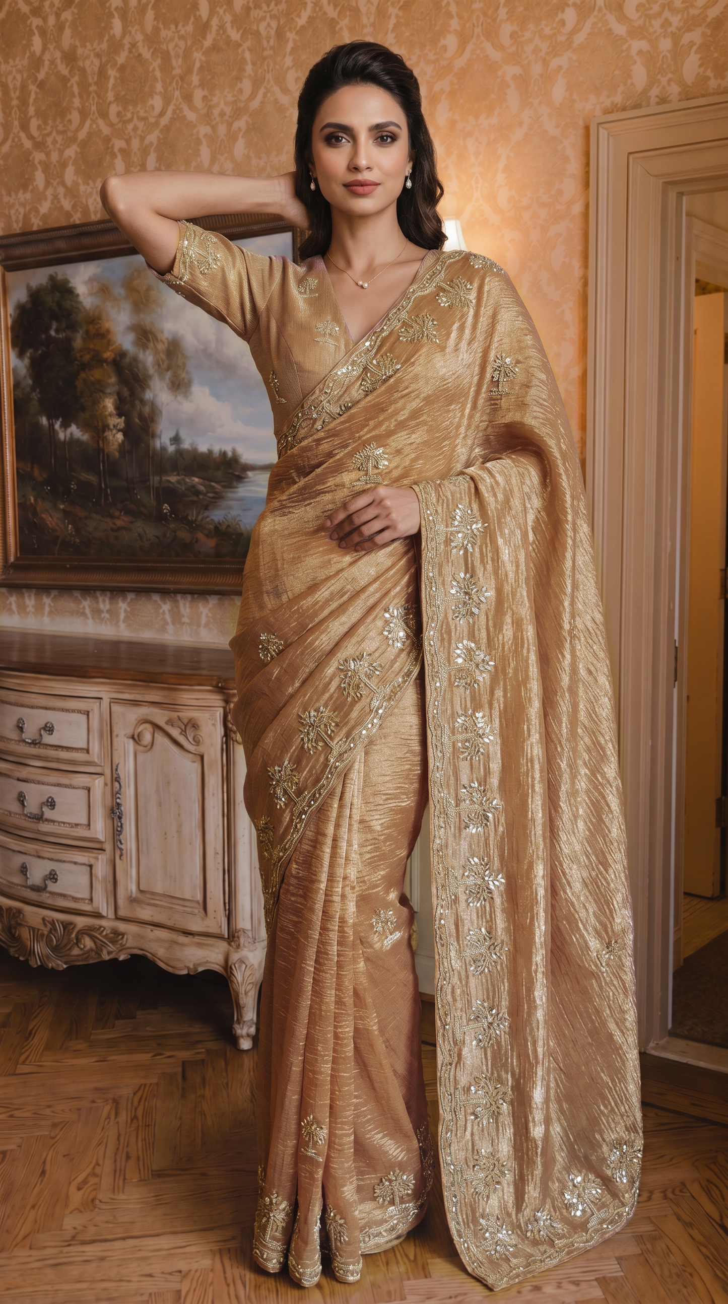 Champagne shimmering Tissue Organza Saree