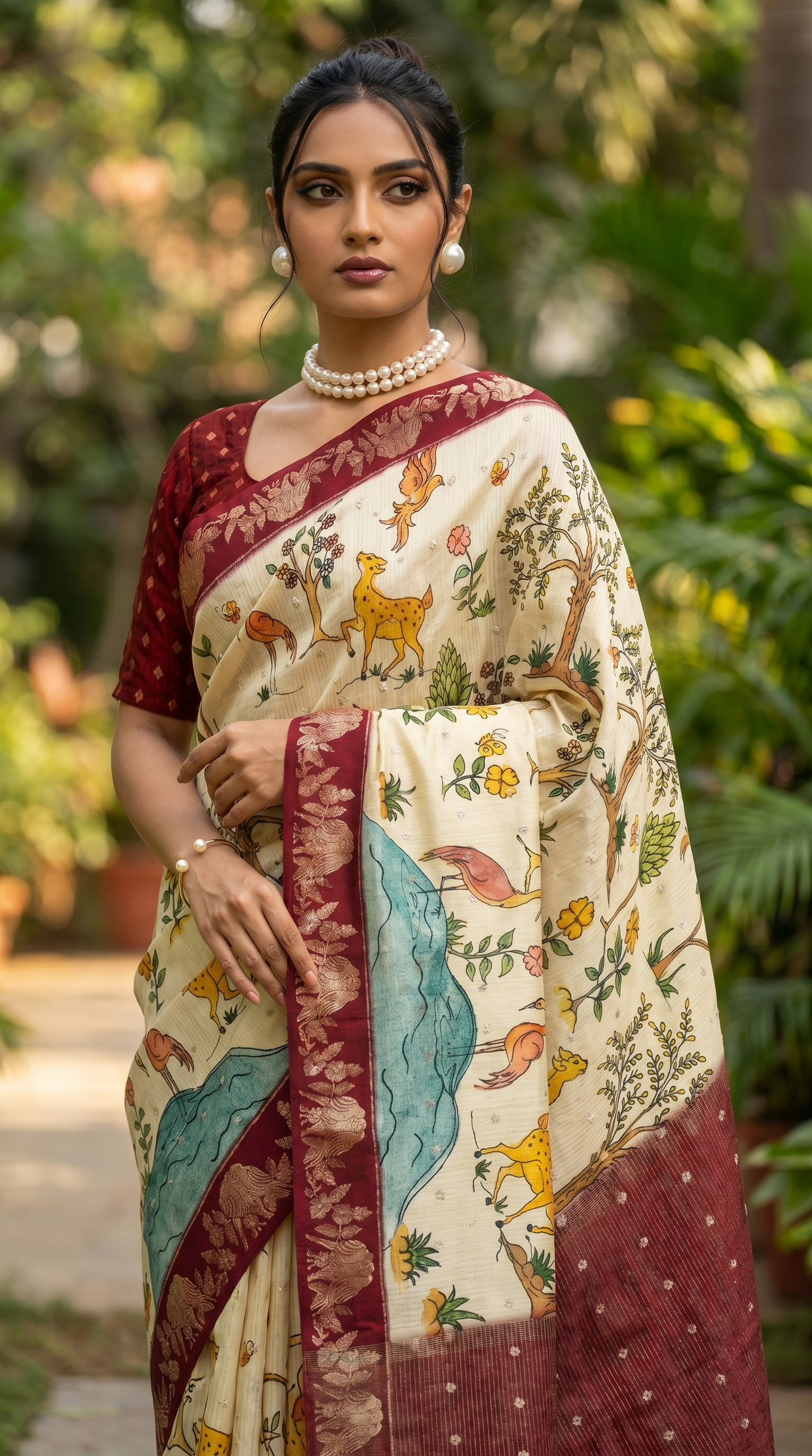 Cream Coloured Tussar Silk Saree