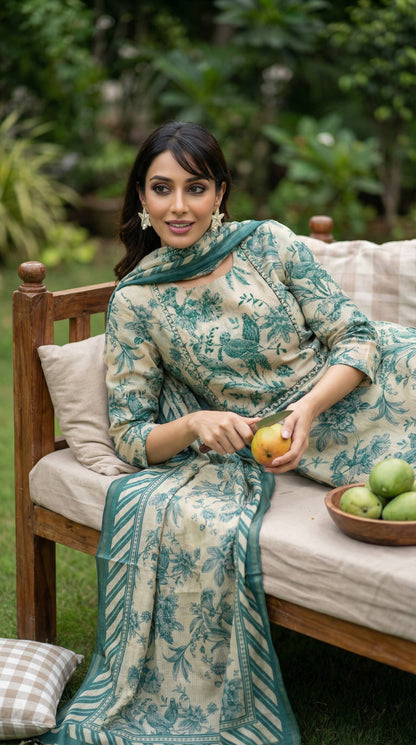 Resham Embroidery Green Chanderi Stitched Suit Set