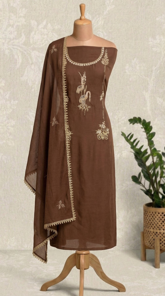 Mocha Brown Resham Embroidery Mul Mul Unstitched Suit Set
