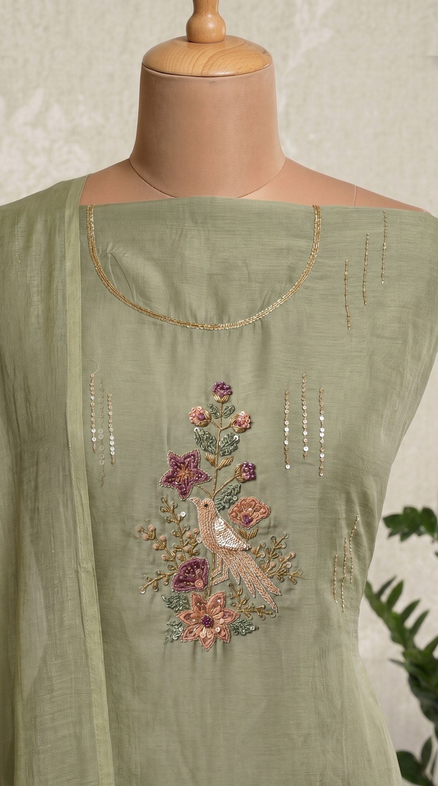  Unstitched Sage Green Mul mul Salwar Suit Piece