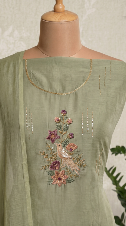  Unstitched Sage Green Mul mul Salwar Suit Piece