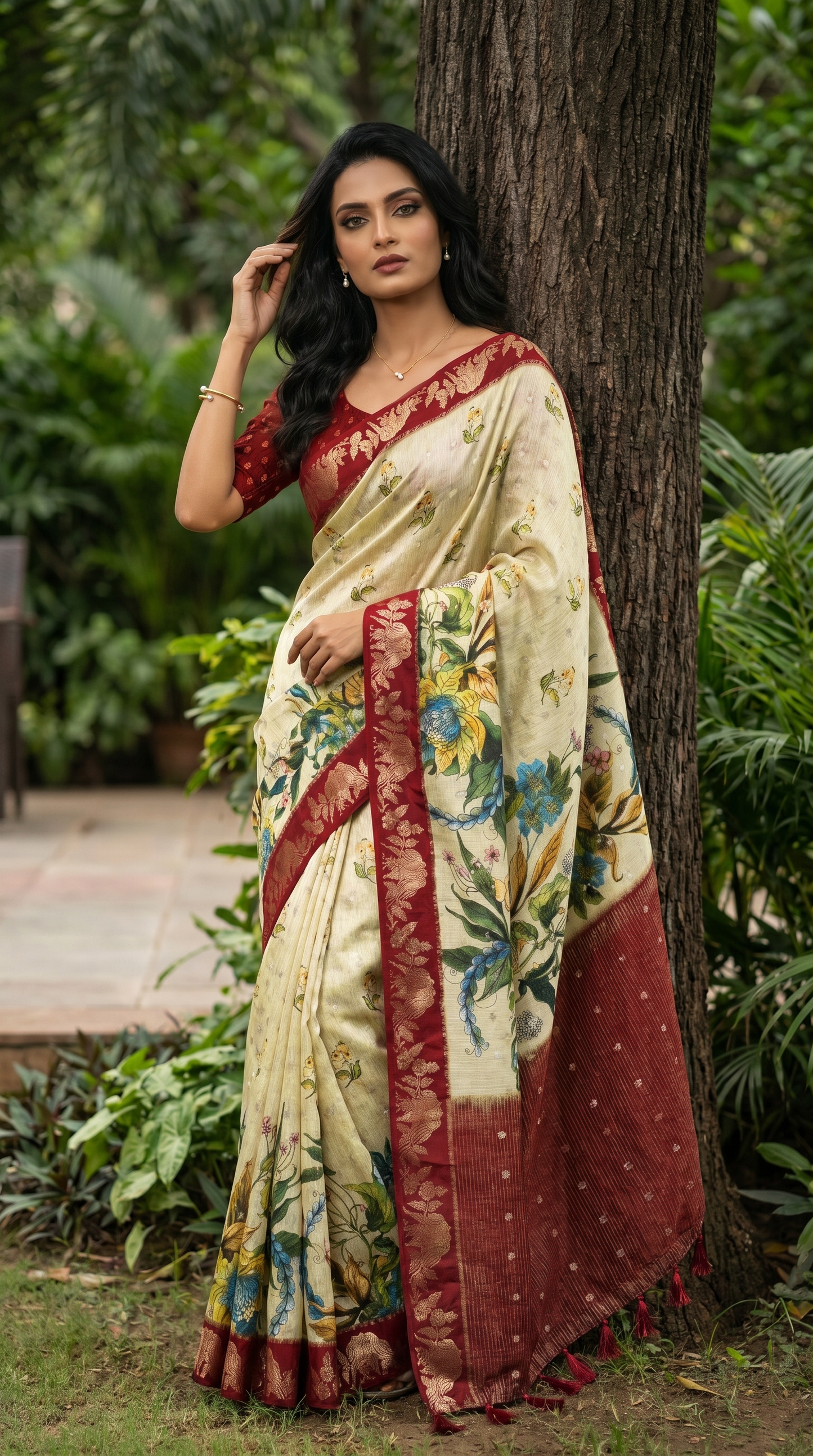 Cream Coloured Tussar Silk Saree