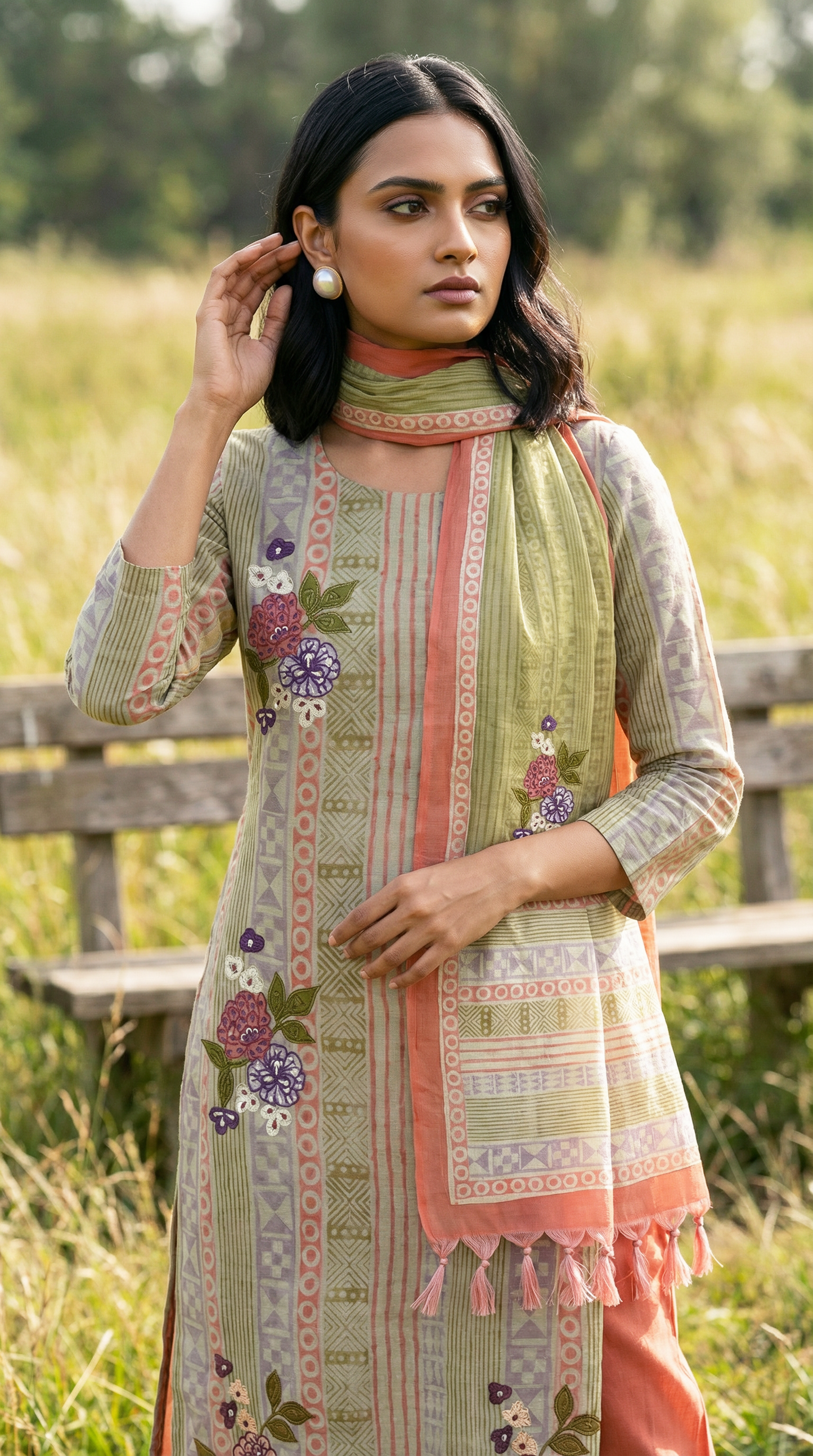 Resham Embroidery Olive Green Jute Cotton Stitched Suit Set