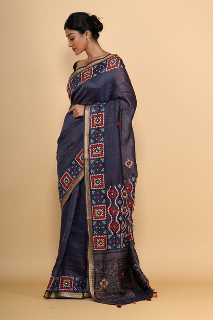 Pure Linen Deep Blue Saree Highlighted with Tikki & Thread Work