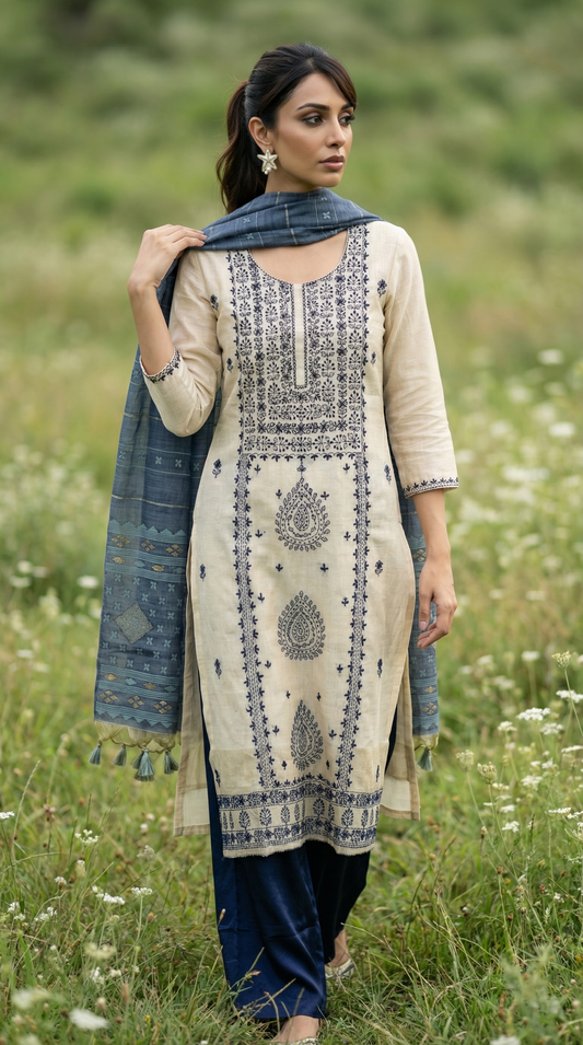 Resham Embroidery Blue Chanderi Stitched Suit Set